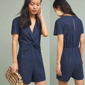 Anthropologie Amadi Epona Linen Romper Navy Size Medium Keyhole Back Twist Knot